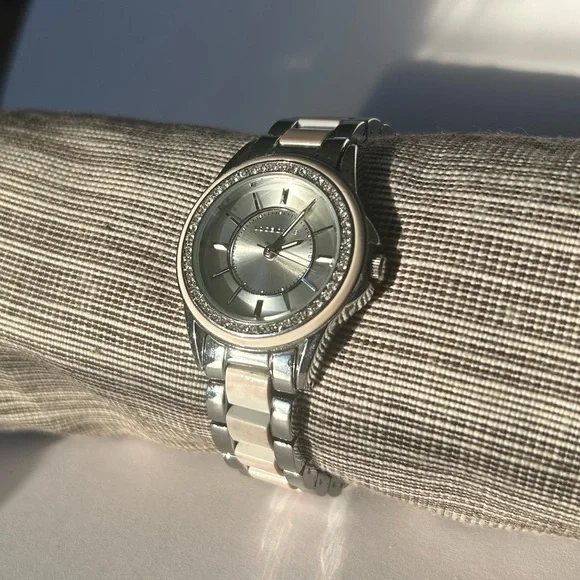 Liz Claiborne Silver Two-Tone Crystal Accent Bracelet Watch - Picture 1 of 8